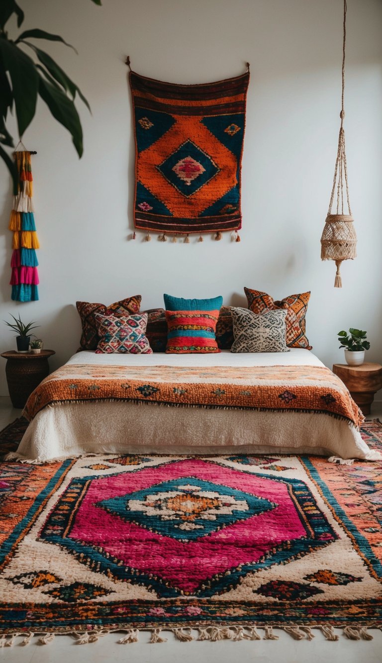 A vintage Moroccan rug lays in an eclectic boho bedroom, surrounded by colorful textiles and patterned pillows