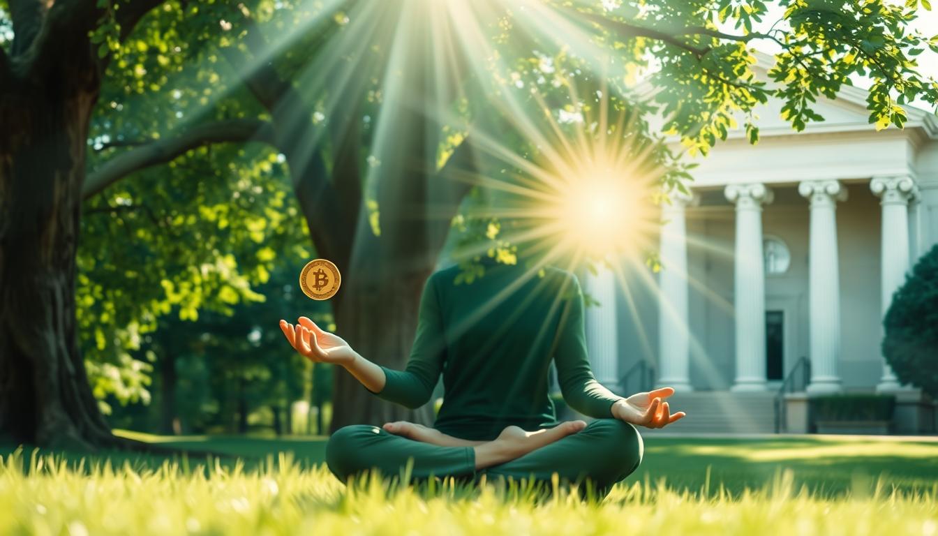 A person meditating in front of a tree while holding a coin in their hand. There are rays of light shining on the person and the coin, symbolizing financial abundance. In the background, there is a bank building, representing the importance of financial planning.