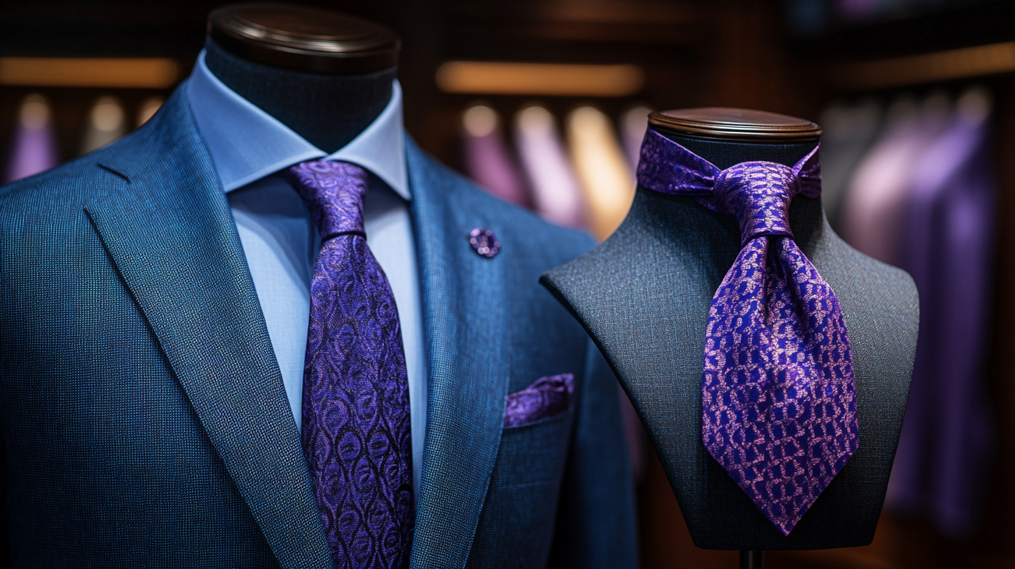 On the left side a mannequin, dressed in a royal blue suit with a purple tie. On the right side, a mannequin bust displaying only the purple tie. The background is minimalistic and elegant, with soft lighting emphasizing the fabric details and luxurious appeal.