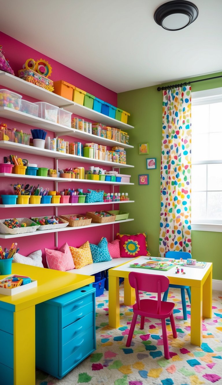 A colorful craft corner with shelves of supplies, a large table for projects, and bright, cheerful decor in a kids' bedroom