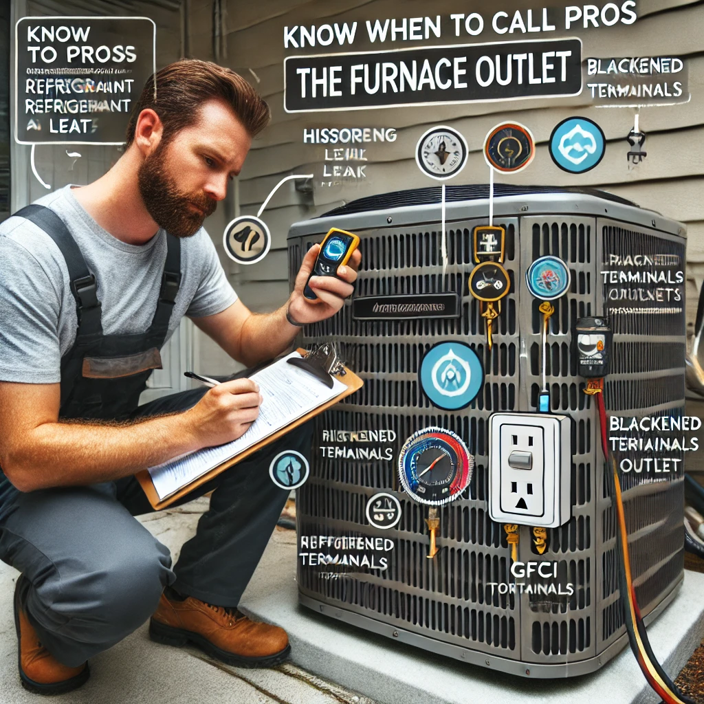 HVAC professional diagnosing an AC unit with visible compressor damage, using gauges and checking for refrigerant leaks.