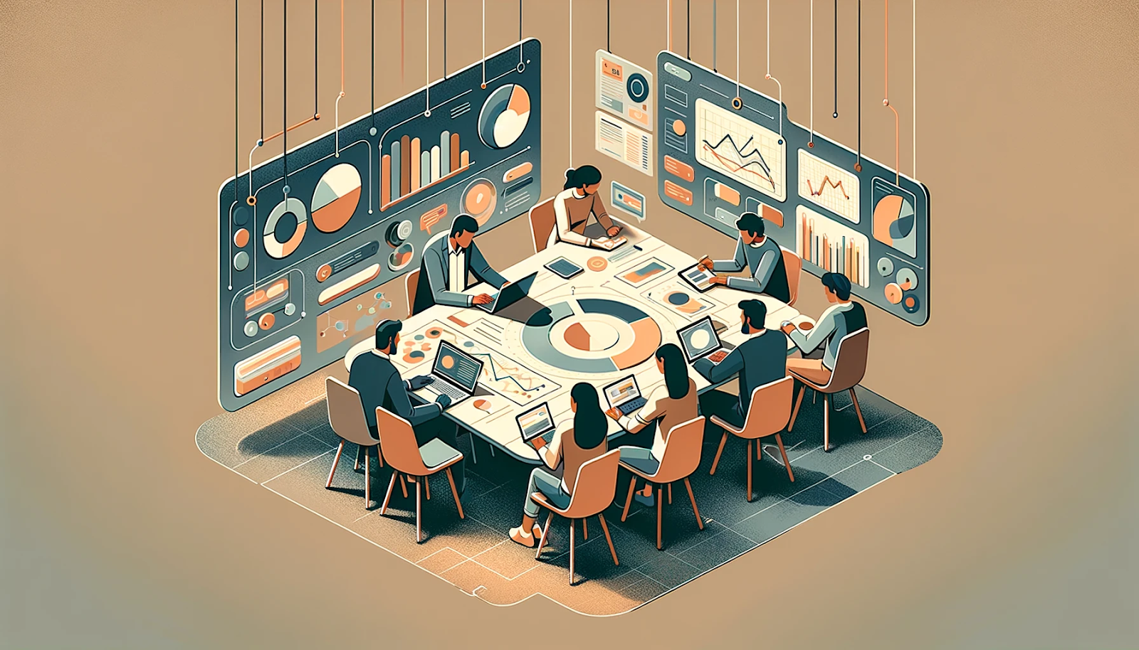 Illustration of people working at a desk with many screens behind them of charts