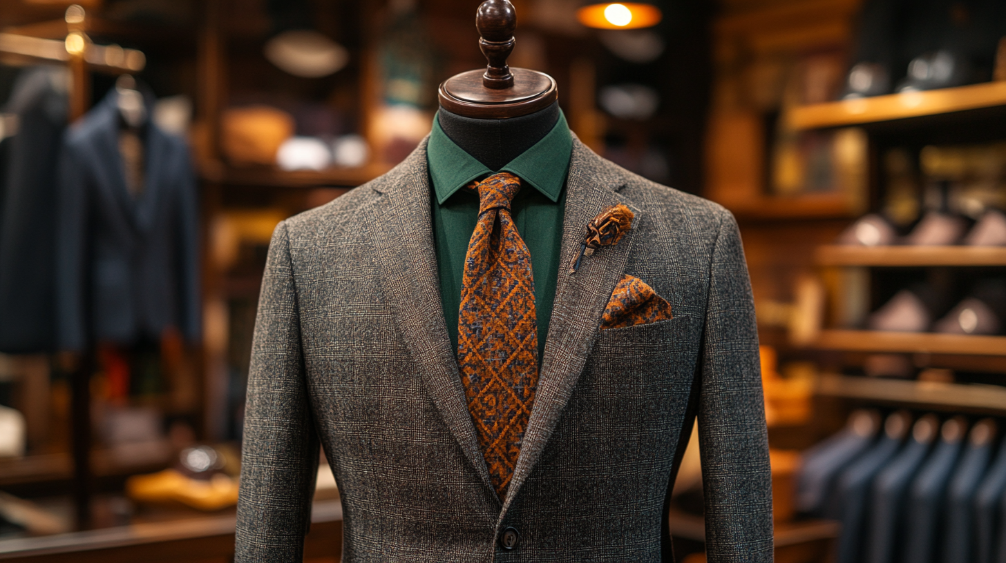 A mannequin wearing a gray suit with a green shirt and a warm brown tie, styled for an autumn-themed occasion. The outfit is paired with brown leather oxford shoes, a dark brown belt, and a patterned pocket square. The background has warm lighting with wooden textures for a cozy and stylish ambiance.