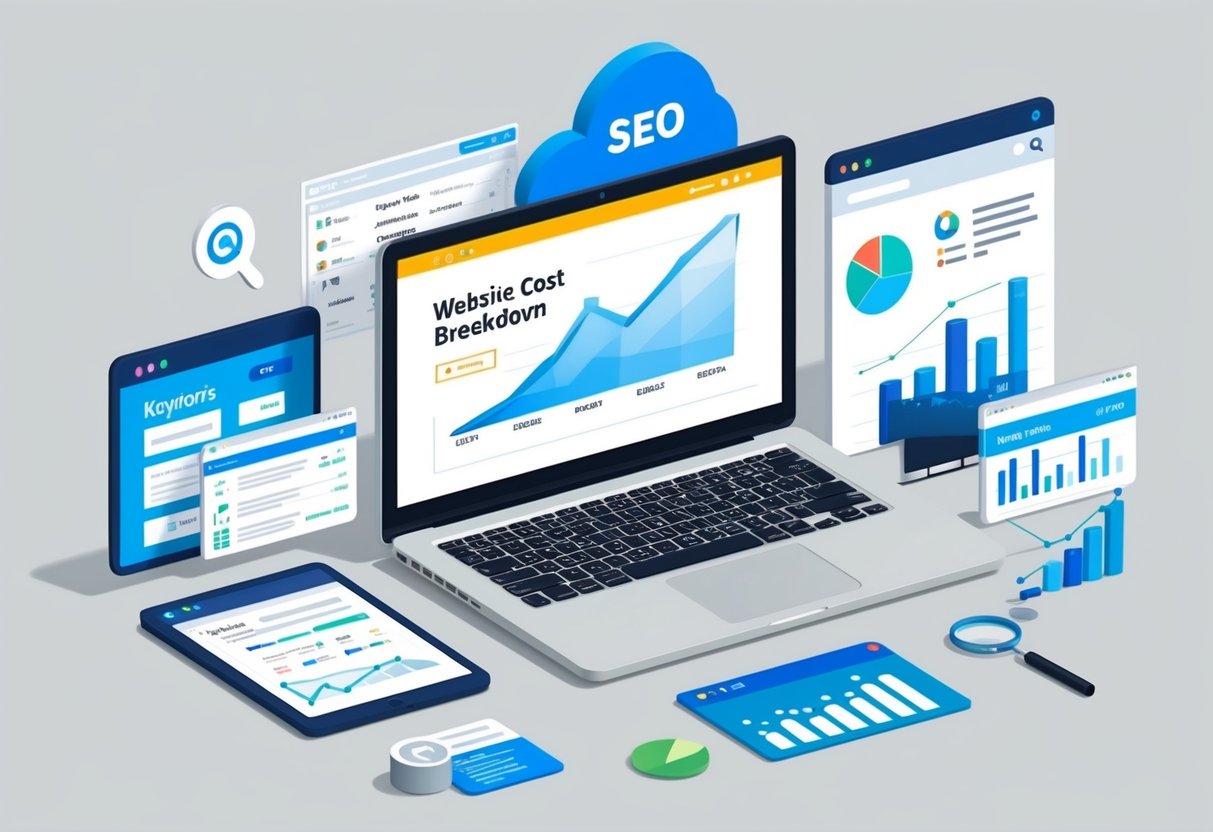 A laptop with a website cost breakdown on the screen, surrounded by SEO-related items like keywords, analytics charts, and a search engine logo
