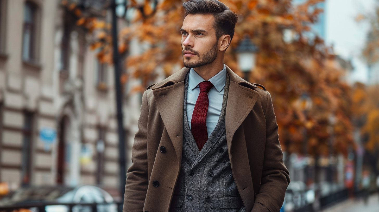 Stylish man wearing a burgundy wool knit tie with a charcoal suit and light blue shirt, layered fall outfit with a trench coat, standing in a city street during autumn, professional but relaxed look