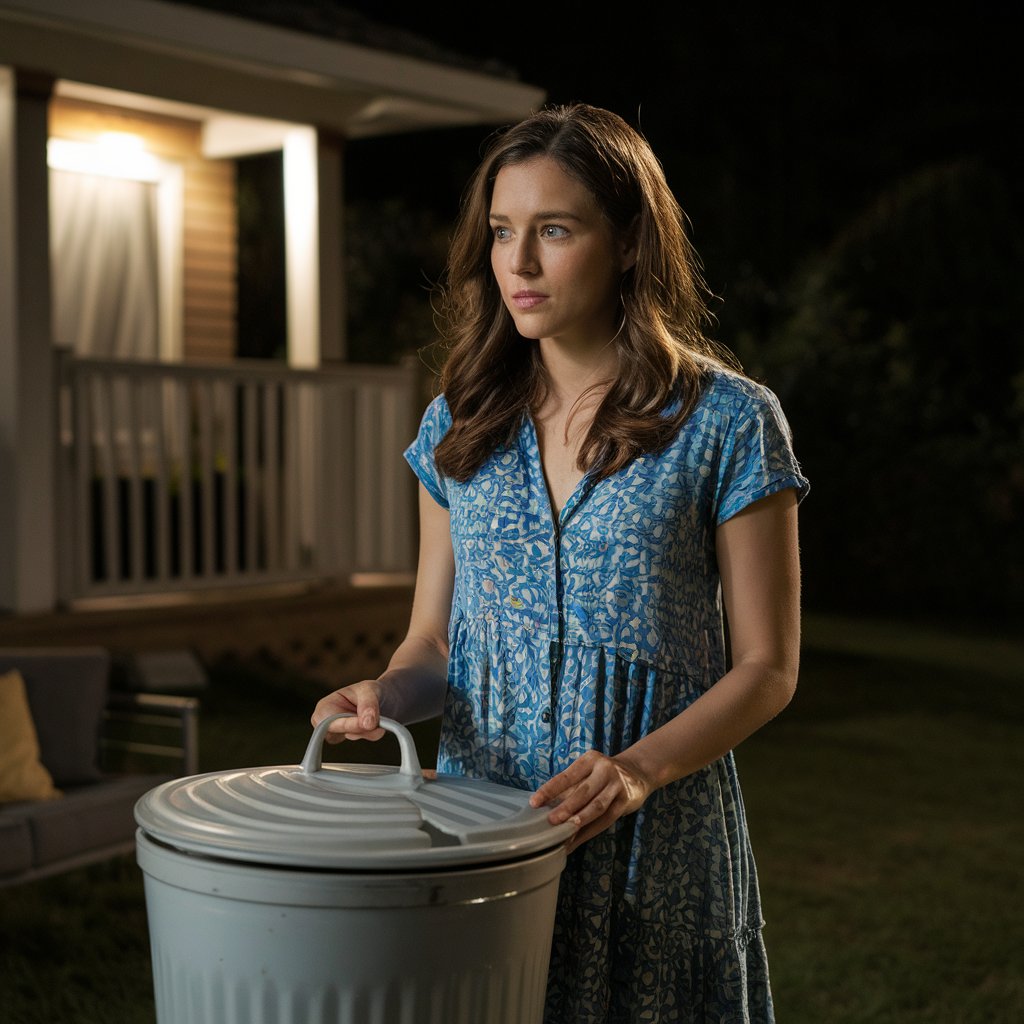 A woman closing a trash can in a backyard at night | Source: Midjourney