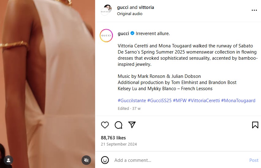 Gucci influencer whitelisting post on Instagram