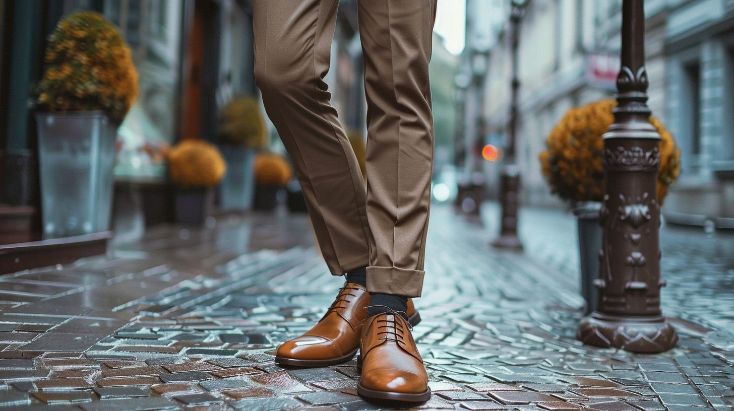 A man wearing tailored dress pants made from fine suiting fabric like wool, featuring a sharp crease. Styled with a tucked-in dress shirt and leather dress shoes, ideal for formal or professional settings.