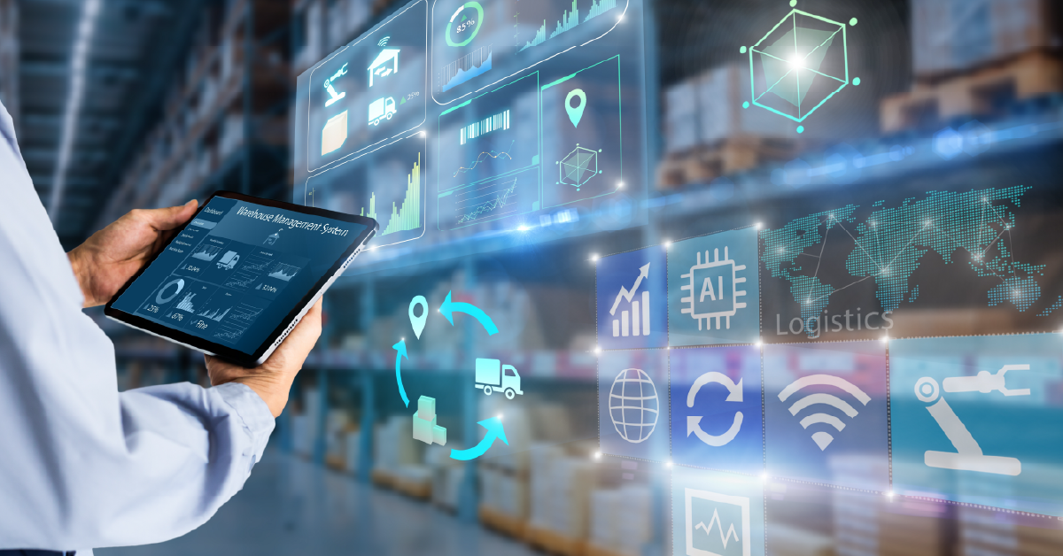 Person looking at warehouse management system on tablet. 