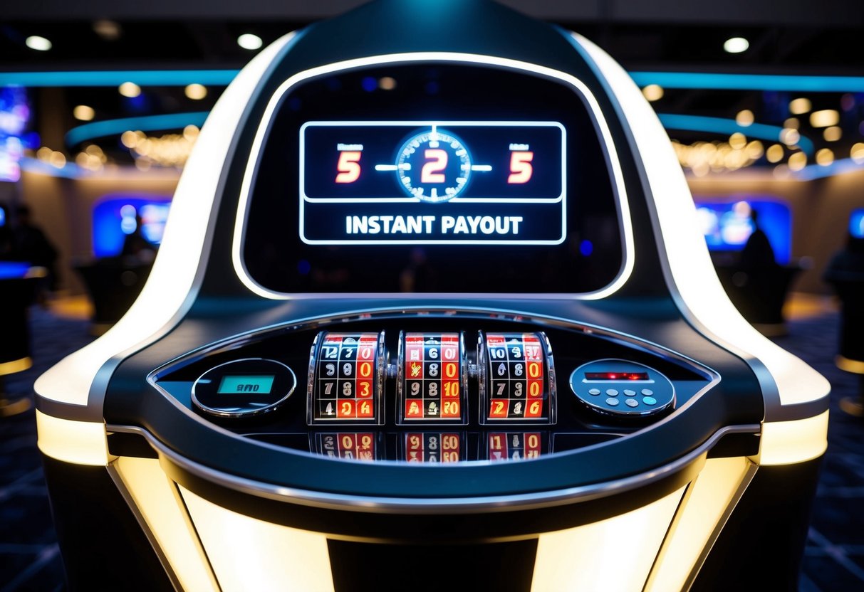 Futuristinen kasino, jossa on tyylikäs, huipputeknologinen muotoilu ja digitaalinen kello, joka näyttää 5 minuutin laskentatavan välittömälle maksulle.