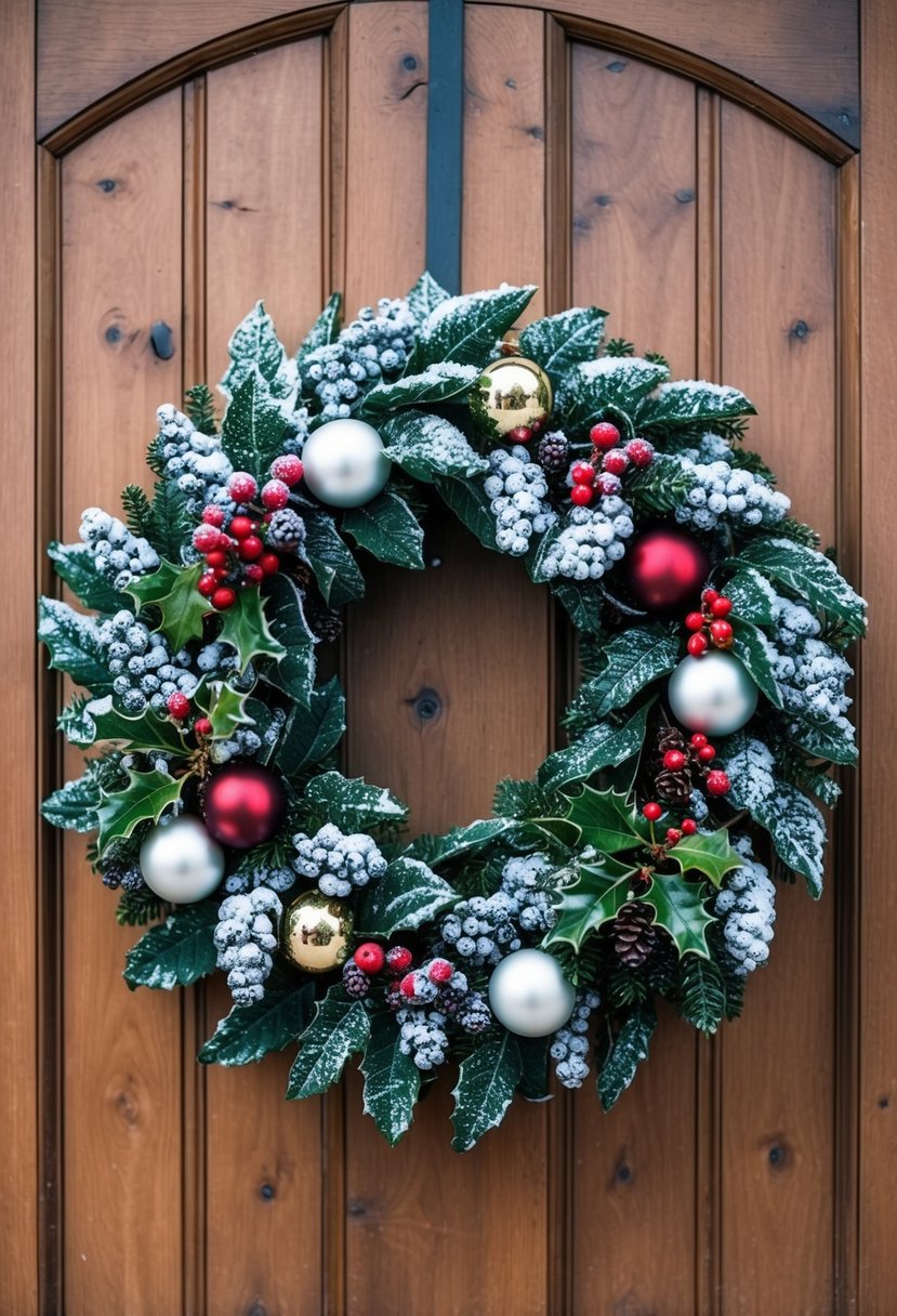 A snowy wreath made of grape vines, adorned with festive ornaments and holly berries, hanging on a rustic wooden door