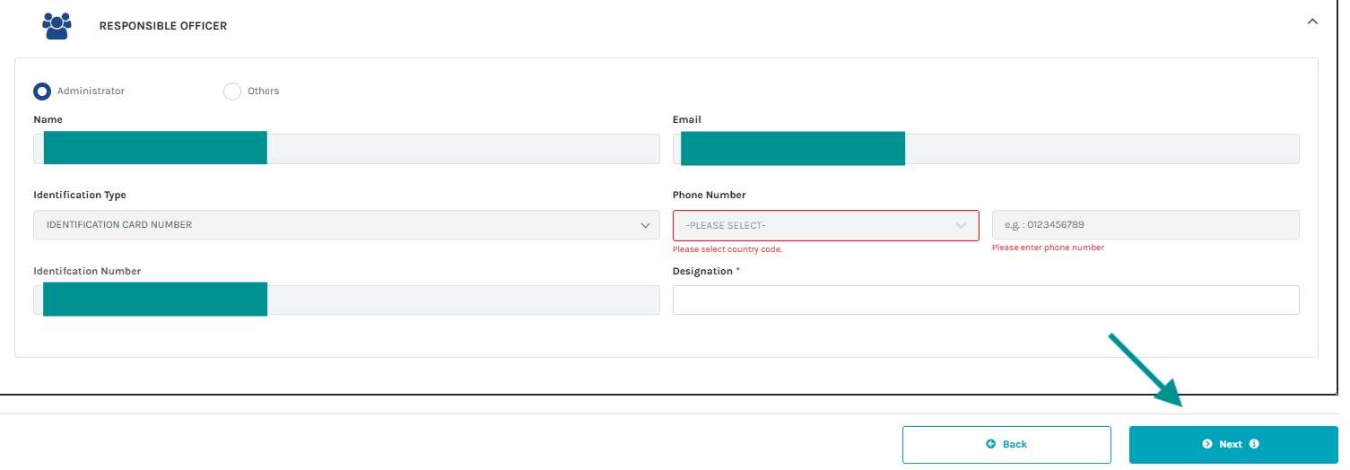 Screencap of Responsible Officer page and Administrator Information fields