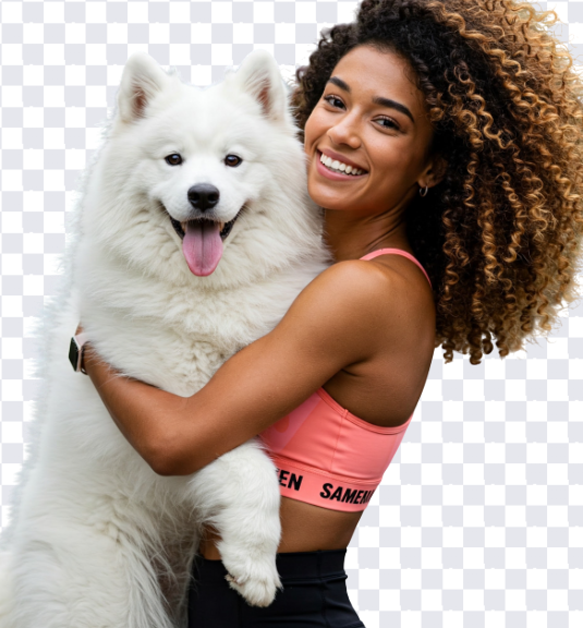 A woman carrying her Samoyed with no background using AI