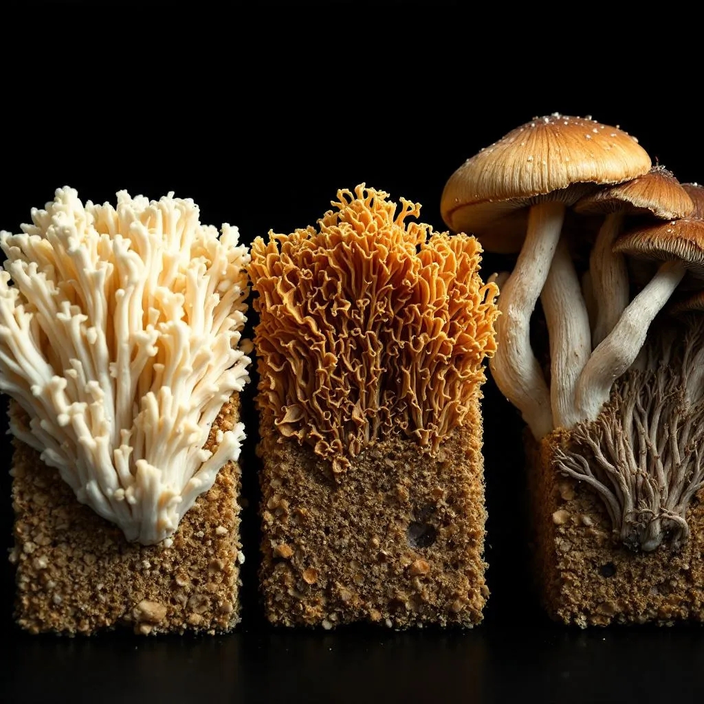 Comparison of oyster, shiitake, and lion's mane mushrooms growing from cultivation blocks