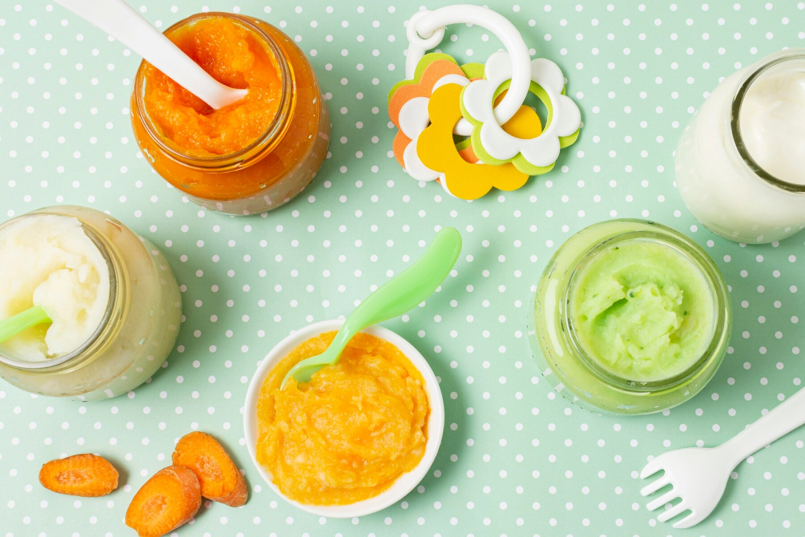 Assortment of pureed baby food in jars