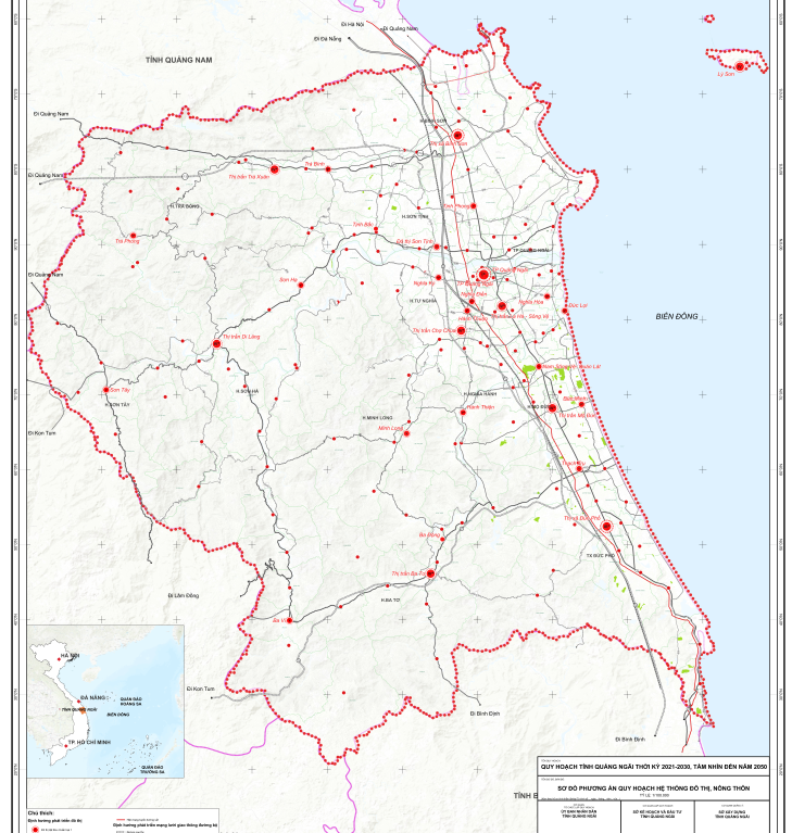 Bản đồ quy hoạch Quảng Ngãi với hệ thống đô thị, nông thôn.