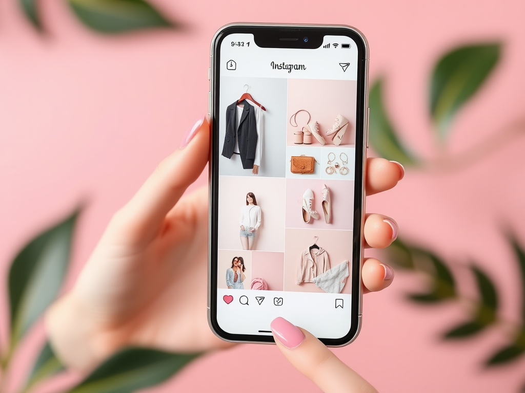 Create a realistic image of a stylish Instagram feed mockup featuring nine cohesive fashion posts, with a consistent color palette of pastel pink and white, showcasing clothing items, accessories, and lifestyle shots, arranged in a 3x3 grid on a smartphone screen held by a young white female hand with manicured nails, against a soft pink background.