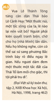 BÀI 20. ĐẠI VIỆT THỜI LÊ SƠ (1428- 1527)1. Nhà Lê sơ thành lậpCâu 1: - Em hãy mô tả những nét chính về sự thành lập nhà Lê sơ.- Đọc tư liệu 20.3 và cho biết chủ trương bảo vệ chủ quyền lãnh thổ quốc gia của triều Lê sơ thể hiện như thế nào qua lời căn dặn của vua Lê Thánh Tông?Đáp án chuẩn:- Sau chiến thắng của khởi nghĩa Lam Sơn vào tháng 4/1428, Lê Lợi lên ngôi hoàng đế, khôi phục quốc hiệu Đại Việt và đặt đô ở Thăng Long. - Nhà Lê sơ tiếp tục củng cố chế độ phong kiến tập quyền bằng việc hoàn thiện chính quyền từ trung ương đến địa phương, tăng cường xây dựng quân đội và ban hành các luật pháp nhằm bảo vệ chủ quyền quốc gia và biên giới.2. Tình hình kinh tế - xã hộiCâu 1: - Em hãy trình bày những nét chính về tình hình kinh tế thời Lê sơ. Em có ấn tượng với thành tựu kinh tế nào nhất? Lí giải sự lựa chọn của em.- Xã hội thời Lê sơ có những tầng lớp căn bản nào? Tầng lớp nào là lực lượng sản xuất chính?- Đọc tư liệu 20.5, theo em những biện pháp được nêu trong bộ Quốc triều hình luật đó có giúp ổn định trật tự xã hội thời Lê sơ không?Đáp án chuẩn:*Tình hình kinh tế thời Lê sơ:- Nông nghiệp phục hồi và phát triển nhờ các chính sách tiến bộ như quân điền, chia ruộng đất công.- Đông Kinh trở thành trung tâm kinh tế sầm uất với 36 phố phường, kết hợp sản xuất và buôn bán.- Các làng nghề thủ công như gốm Chu Đậu, đồ gốm Đại Bái phát triển chuyên nghiệp và văn hoá đặc sắc.*Xã hội thời Lê sơ:- Bao gồm các tầng lớp như quý tộc, nông dân, thương nhân, thợ thủ công và nô tì.- Nông dân là lực lượng chính trong sản xuất, cống hiến thuế và phục vụ theo lệnh của địa chủ và quan lại.3. Tình hình văn hóa, giáo dụcCâu 1: - Kể tên những thành tựu tiêu biểu về văn học, khoa học và nghệ thuật thời Lê sơ.- Giáo dục thời Lê sơ có bước phát triển như thế nào so với thời Trần?- Quan sát tư liệu 20.6 kết hợp đọc thông tin trong bài, em hãy cho biết nhà Lê dựng bia Tiến sĩ trong Văn Miếu nhằm mục đích gì?Đáp án chuẩn:*Về văn học:- Văn học chữ Hán: Đặc biệt nổi bật với các tác phẩm như  Bình Ngô đại cáo