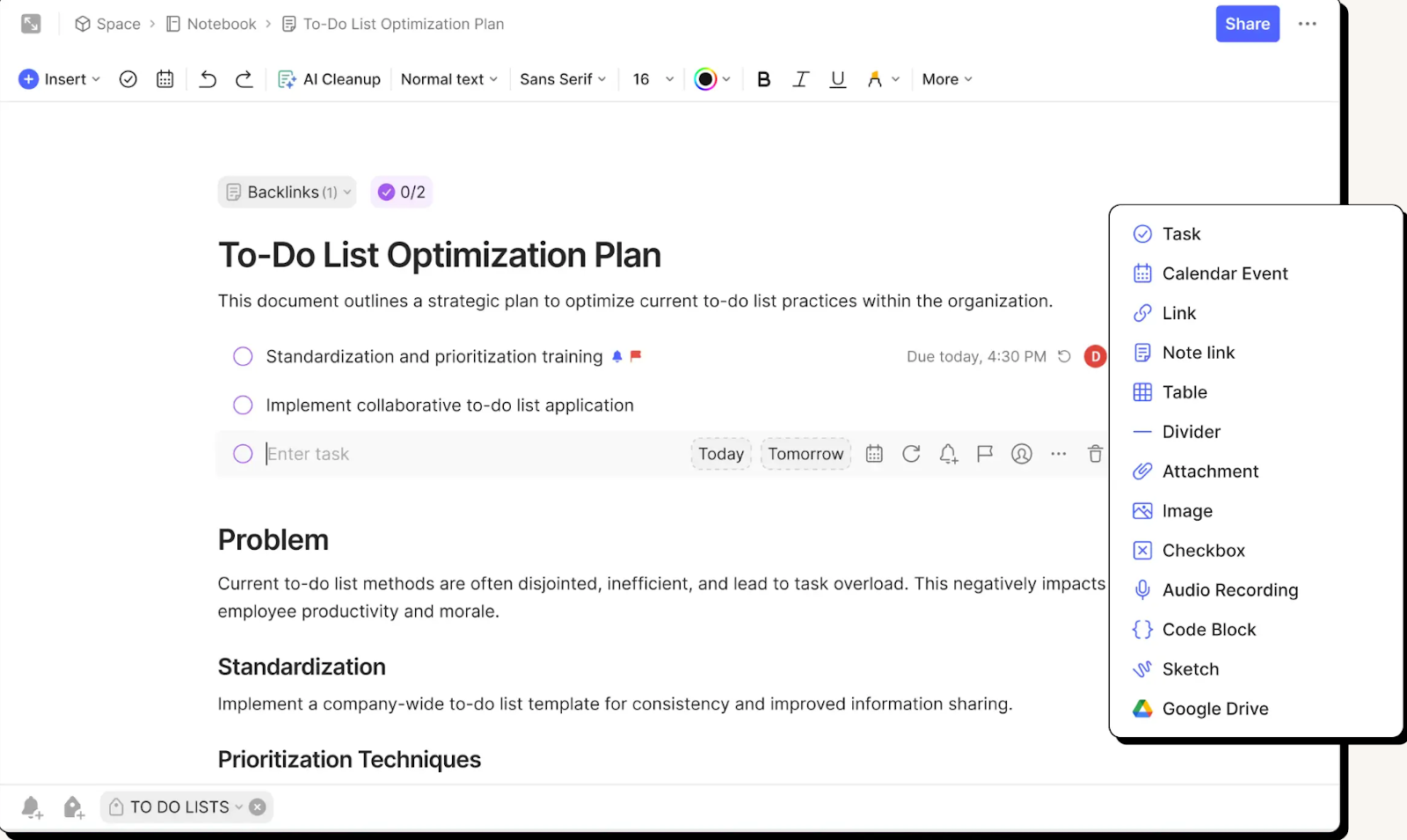 Screenshot of the Evernote interface, including a list of insertable items such as images, calendar events, and code blocks.