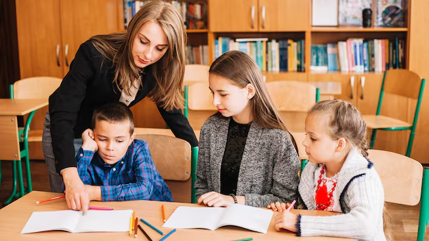 A female teacher is helping students