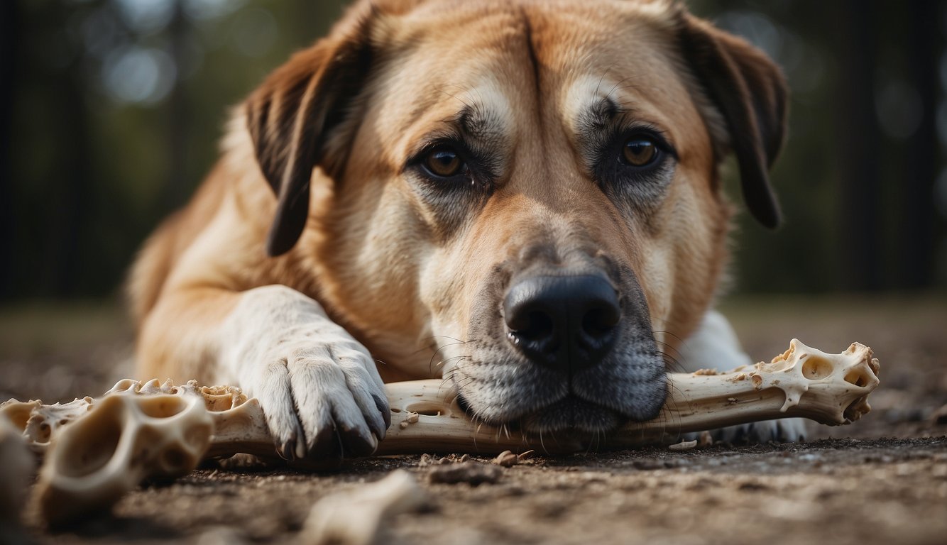 A large, powerful dog aggressively chews on a durable bone, while smaller bone fragments lay scattered around the area