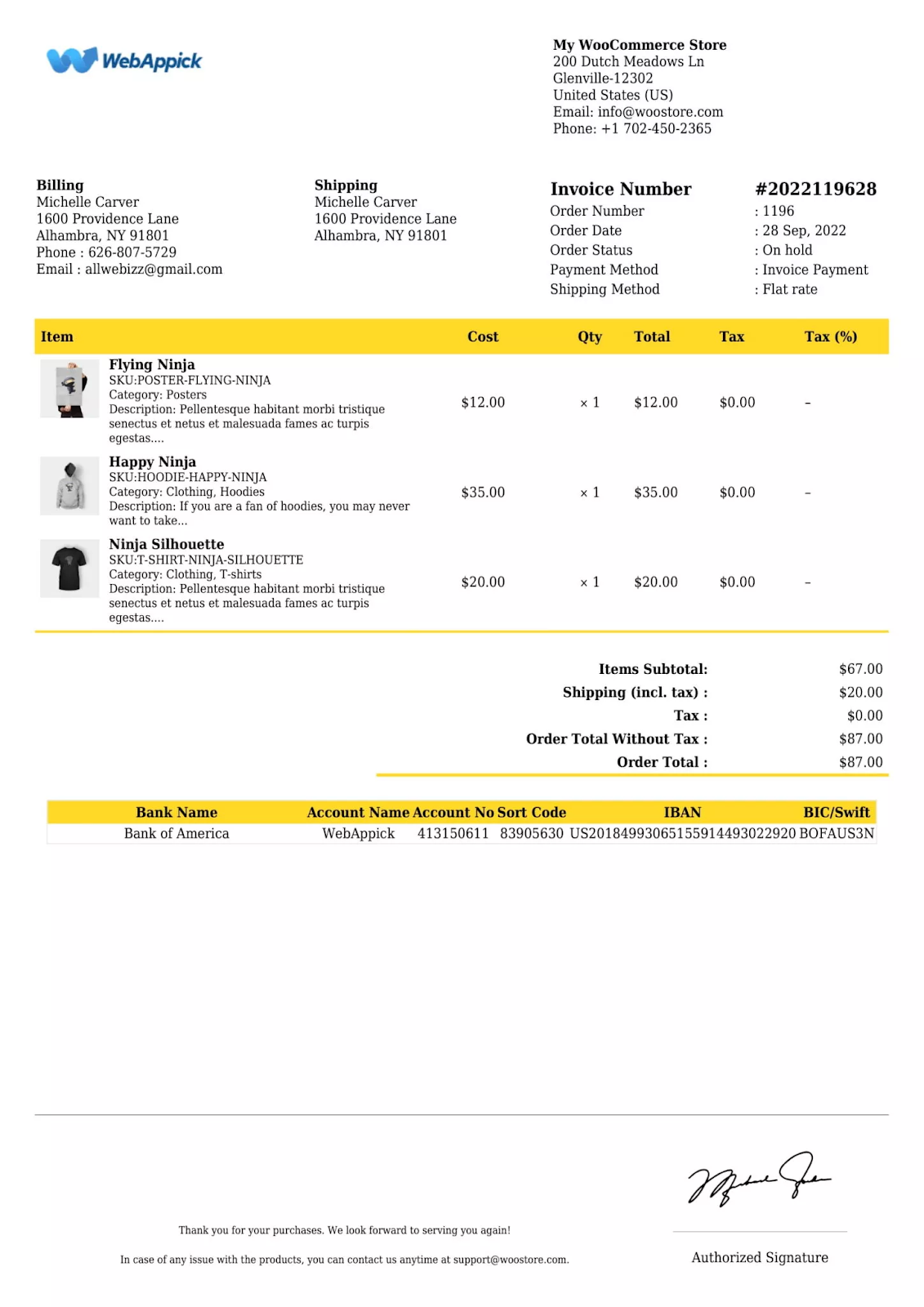 invoice with bank details