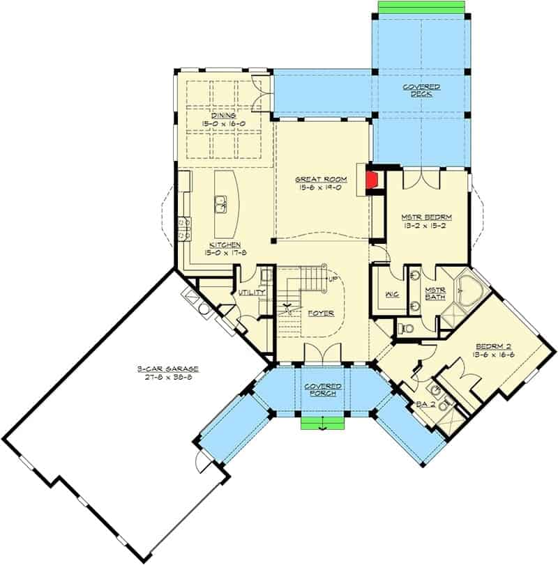 Main level floor plan of a 4-bedroom two-story craftsman home with foyer, great room, kitchen, dining area, utility leading to the angled garage, and two bedrooms including the primary suite. Second level floor plan with two bedrooms separated by a balcony bridge. Front rendering of the 4-bedroom two-story craftsman home. Rear exterior view showing the white-framed windows, gable rooflines, and a covered porch. Front exterior view with covered entry porch and an angled garage. The entry porch with a wooden front door is framed with tapered columns. View of the circular driveway from the covered entry porch. Foyer with a large full-length mirror, a side table, and an elaborate staircase. The foyer includes a tufted bench and a niche wall filled with a beautiful flower vase. Living room with an L-shaped sofa and a fireplace flanked by wooden built-ins. Kitchen with white cabinetry, stainless steel appliances, marble countertops, and a large breakfast island. The kitchen island is fitted with a sink, a dishwasher, and an oven. A closer look at the cooking range accentuated with a decorative tile backsplash. An open layout view showing the living room, kitchen, and dining area. The dining room has a coffered ceiling, a rectangular dining set, and direct deck access. An ample amount of natural light flows in the dining area through the white-framed windows. A walk-in pantry with a metal shelving unit filled with groceries. Primary bedroom with a tray ceiling, a wooden bed, and private deck access. The primary bathroom is equipped with a walk-in shower, a toilet room, and a dual sink vanity. A deep soaking tub fixed under the picture window completes the primary bathroom. Balcony bridge with wrought iron railings and a cathedral ceiling clad in wood planks. This bedroom has beige walls, a white crib, wooden vanity, and a blue lounge chair over a large patterned rug. Bathroom with a sink vanity, a toilet, a walk-in shower, and a white framed window dressed in red patterned drapes. Another bedroom with yellow walls, a bay window, carpet flooring, and a walk-in closet. This bathroom has dual vanities, a toilet, and a tub and shower combo. Covered porch with wood plank ceiling and a wooden entry door adorned with sidelights. Rear covered deck crowned with a cathedral ceiling. It has a metal outdoor dining set and a french door that leads to the living area.