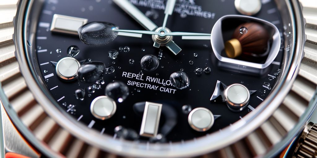 Water-damaged replica Rolex watch with condensation.