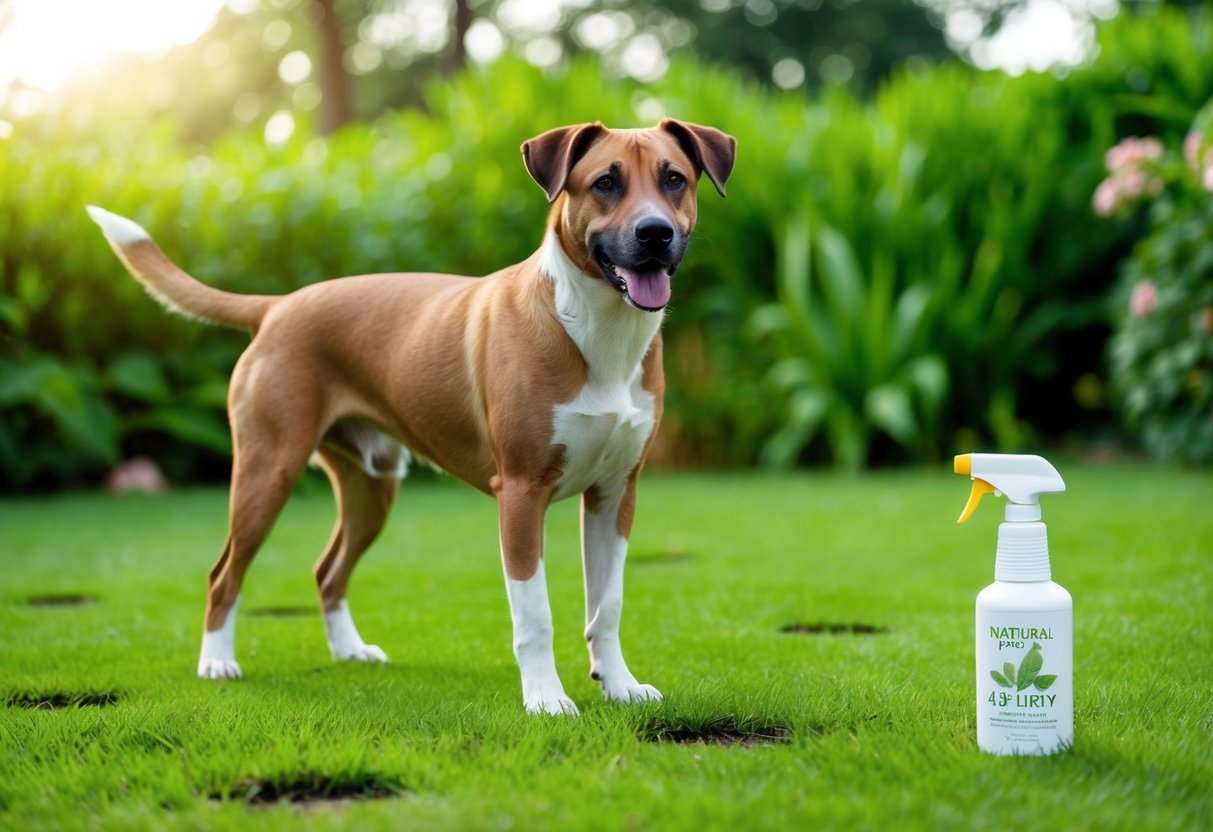 A dog standing in a lush green yard, with patches of brown grass from urine spots. A bottle of natural remedy spray sits nearby