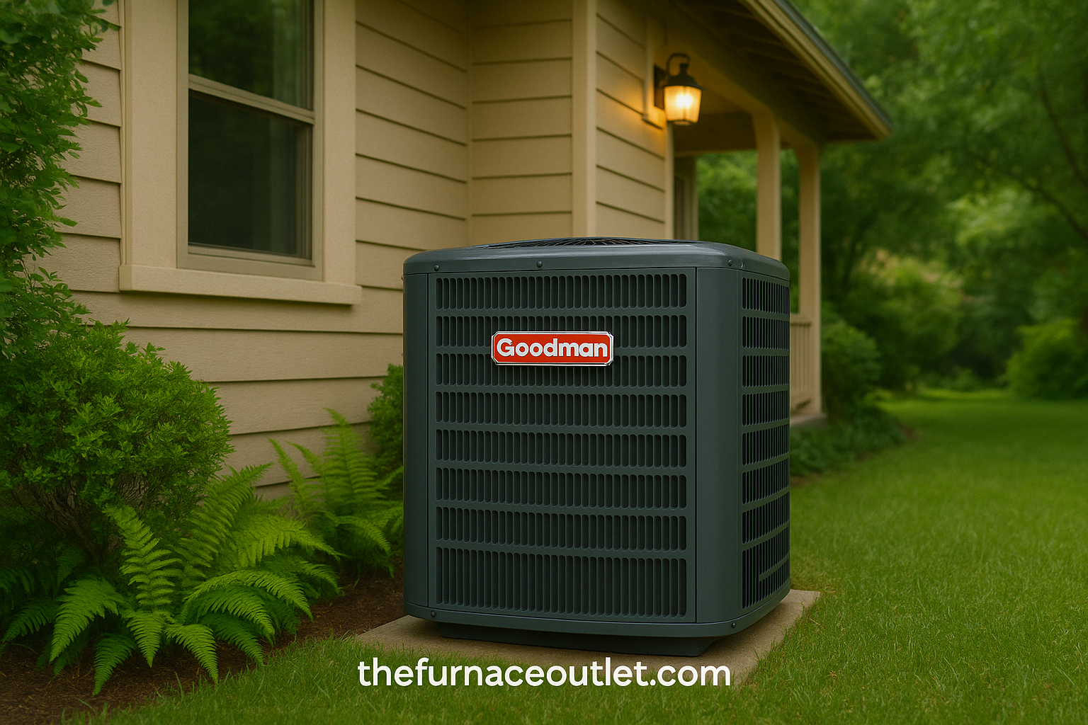 A Goodman 3-ton central air conditioning unit installed beside a quiet suburban home, surrounded by greenery and soft lighting, promoting silent and efficient operation for The Furnace Outlet.