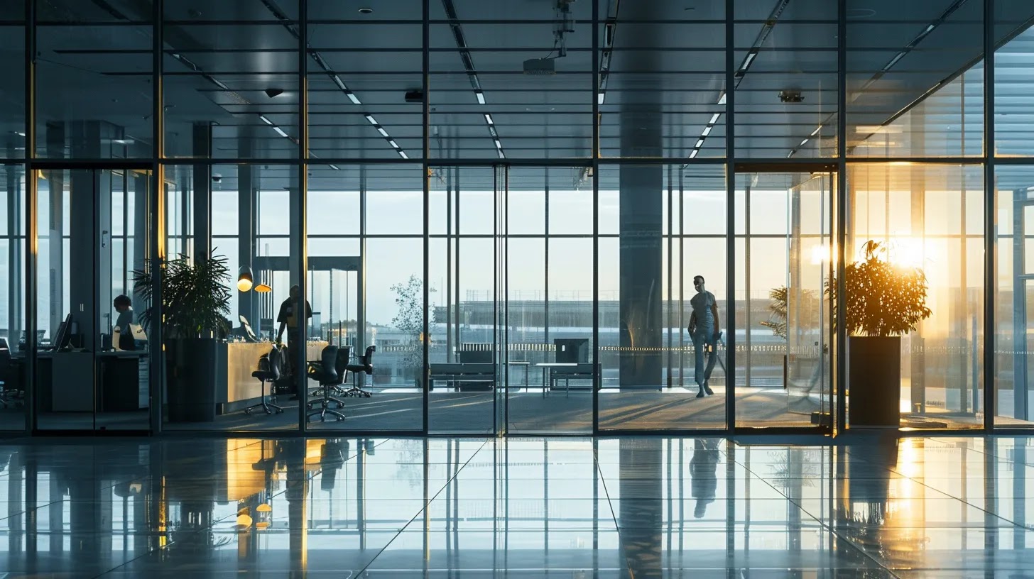 a sleek, modern office space prominently features a professional cleaning team in action, showcasing meticulous attention to detail on surfaces while checklists outlining their efficient cleaning protocols are visibly displayed.