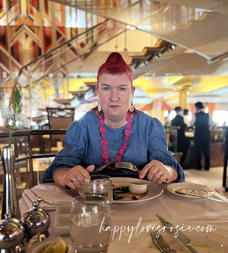 happy harris in the dining room of the aurora ship