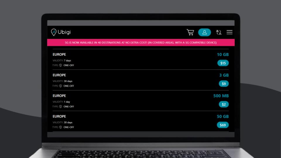 The pricing of the eSIM data plans for Europe offered by Ubigi