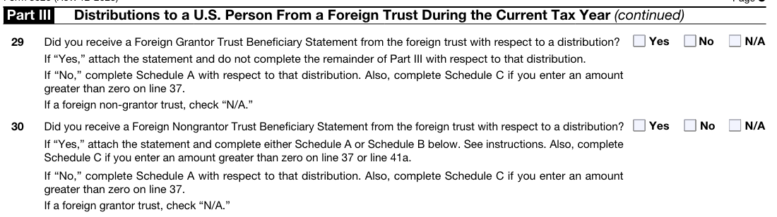 Screenshot of the lower half of Part III: Distributions to a US Person From a Foreign Trust During the Current Tax Year on Form 3520.