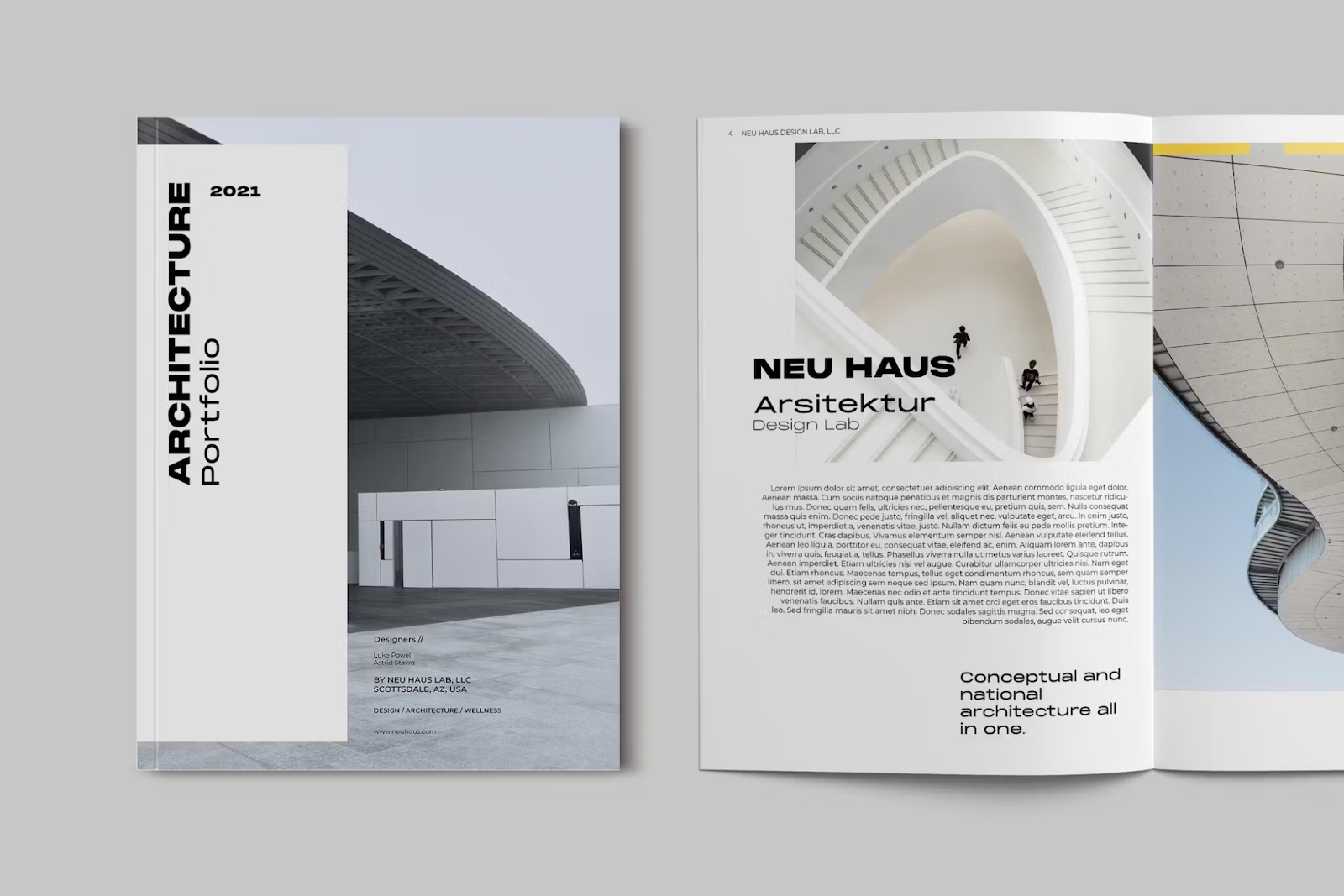 An architecture portfolio booklet is open, showing two pages with design content.