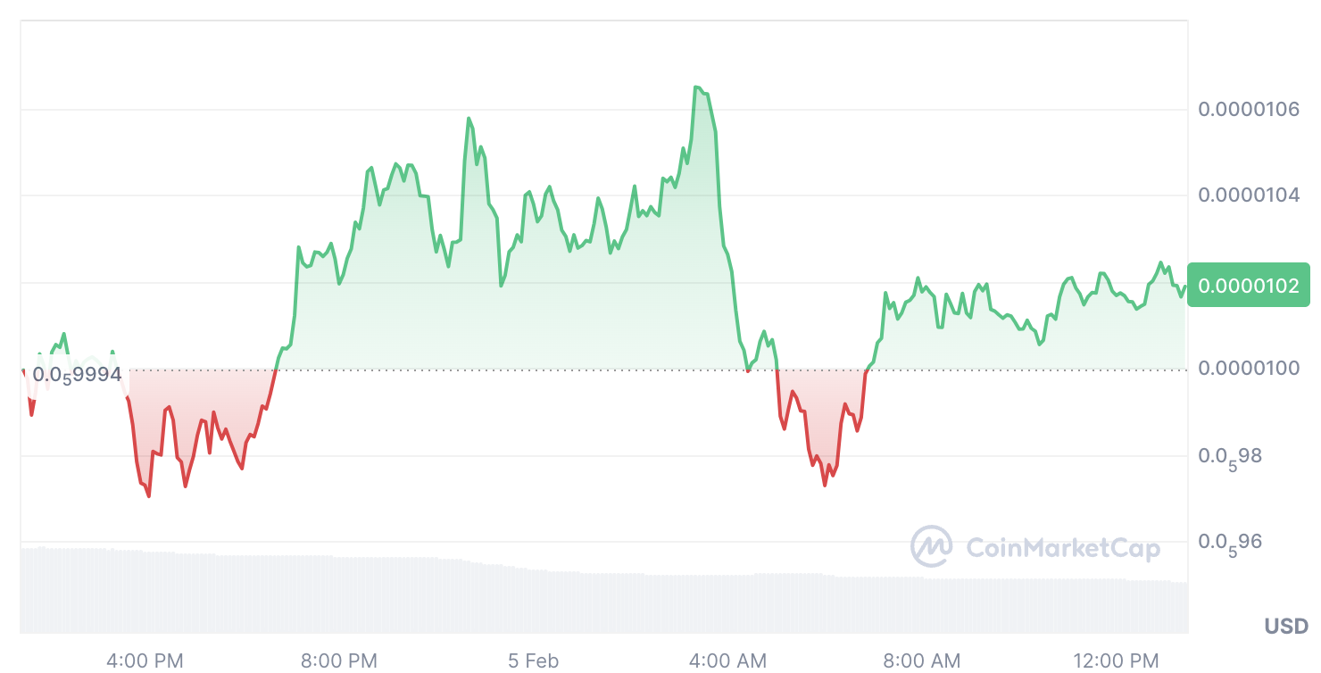 The latest price chart of Pepe shows the PEPE token trading at $0.00000102, based on CoinMarketCap data