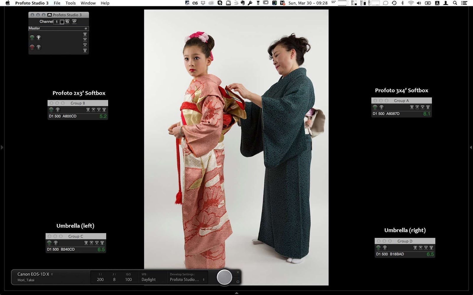 Configuración de estudio profesional para fotografía de retratos con vestimenta tradicional japonesa que muestra equipos y técnicas de iluminación avanzados.