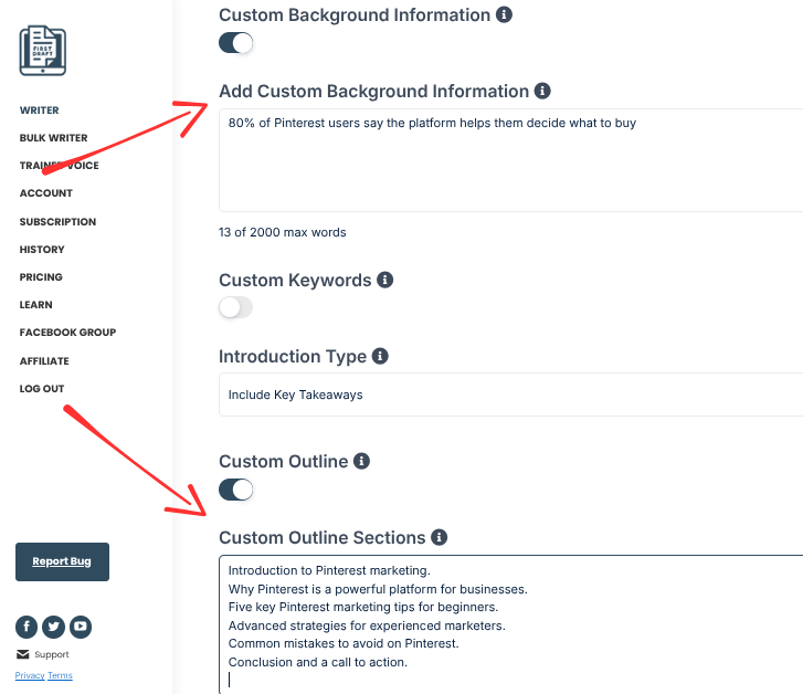 adding keyword information into firstdraft ai 