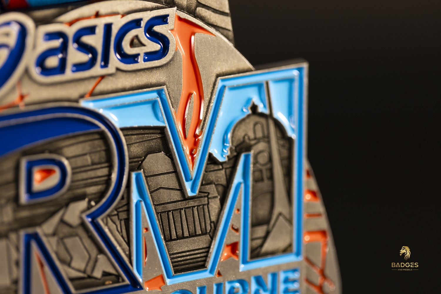 Close up details of a custom Run Melbourne medal.