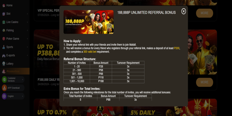 Mafa8 Unlimited Referral Bonus terms and conditions