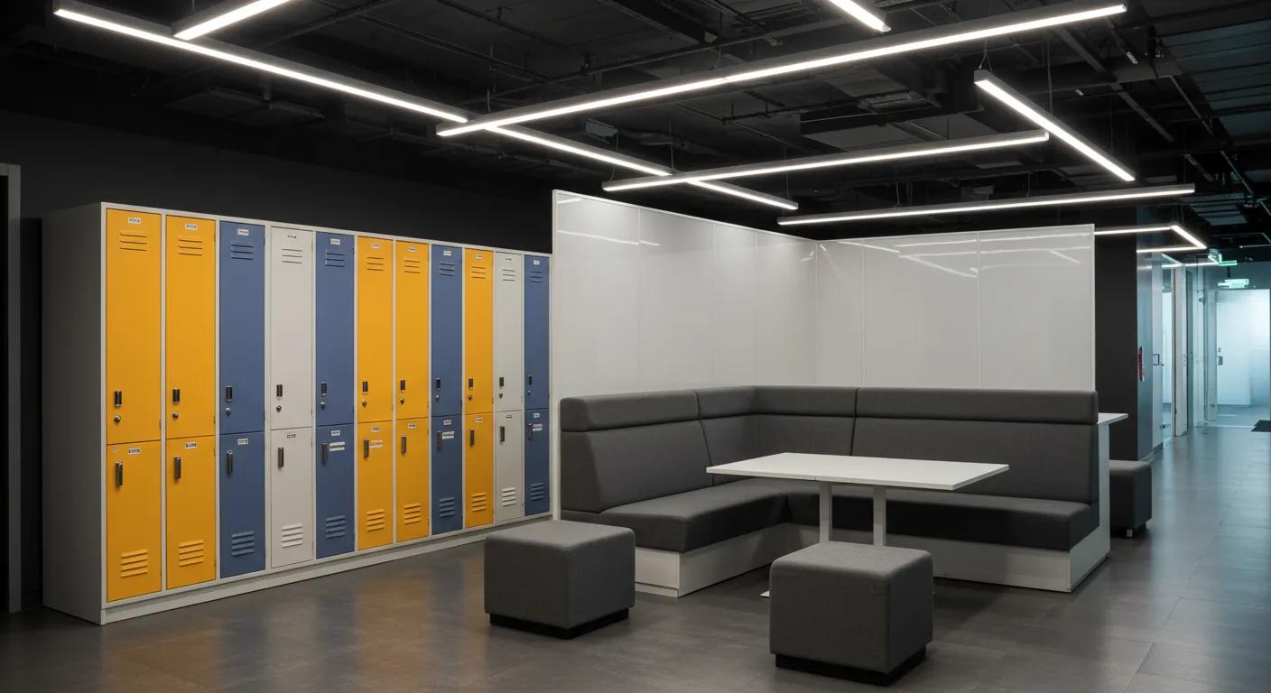 a sleek, modern office break room showcases a row of vibrant lockers along a polished wall, with a focus on an inviting seating area that encourages collaboration and relaxation, all illuminated by warm, artificial lighting.