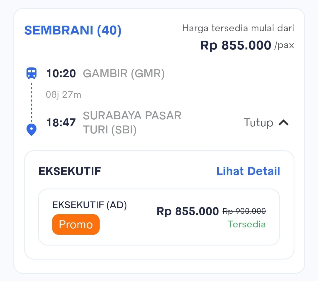 Harga Tiket KA Sembrani (40) Gambir (GMR) — Surabaya Pasar Turi (SBI)