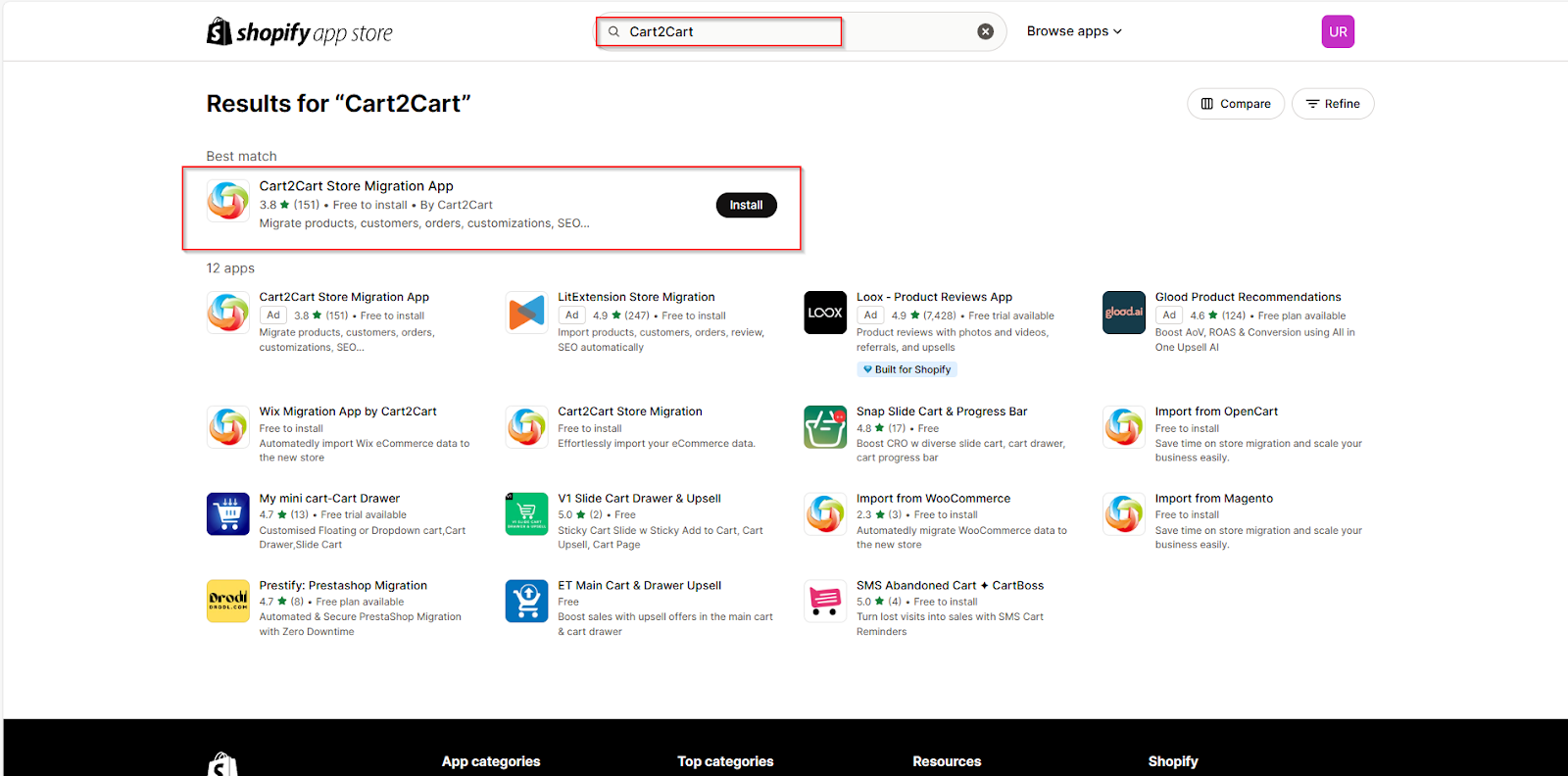 Download Cart2Cart or LitExtension through the Shopify App Store. 