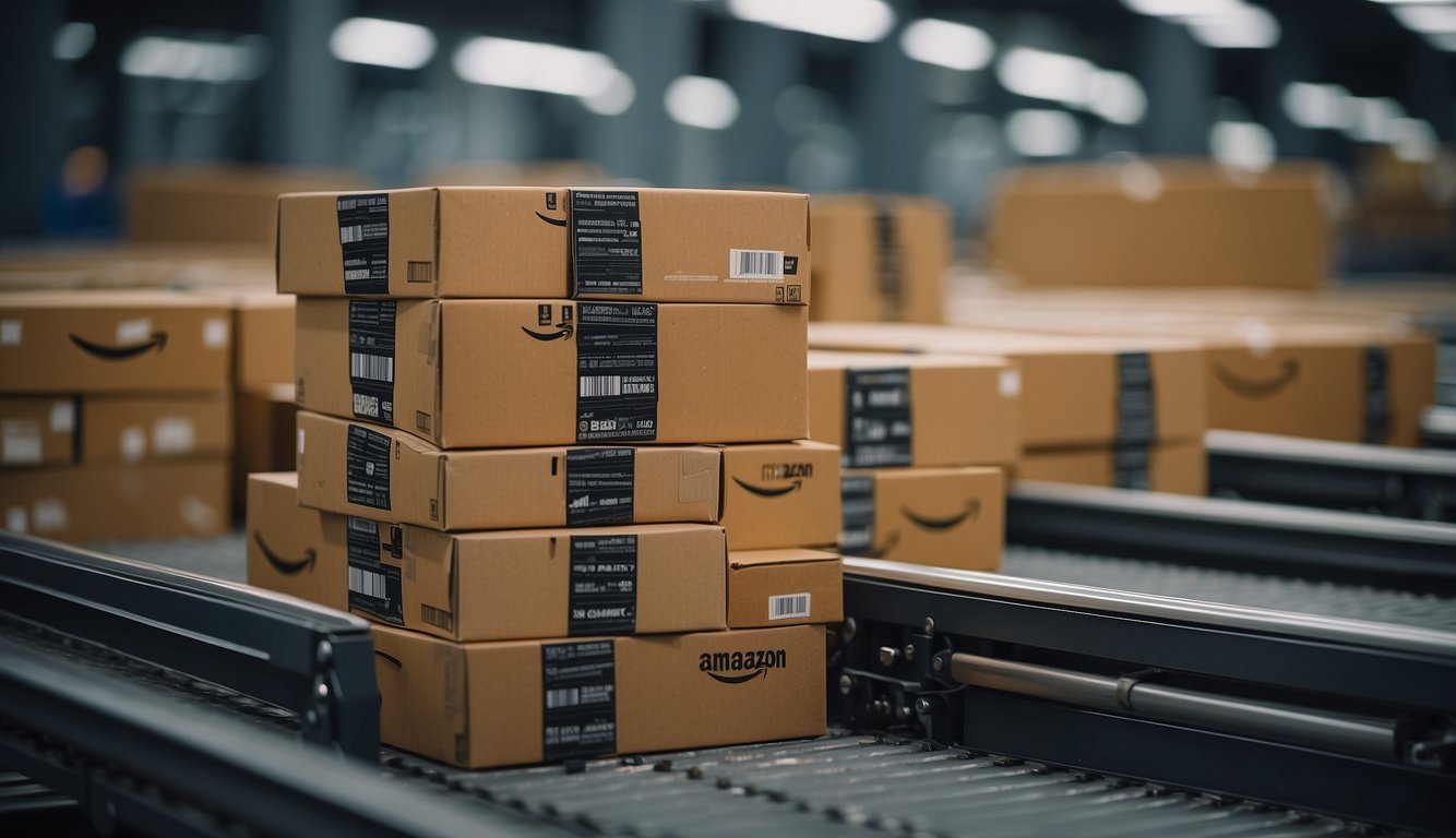 A stack of Amazon-branded boxes, neatly arranged on a conveyor belt, with the Amazon logo prominently displayed on each box