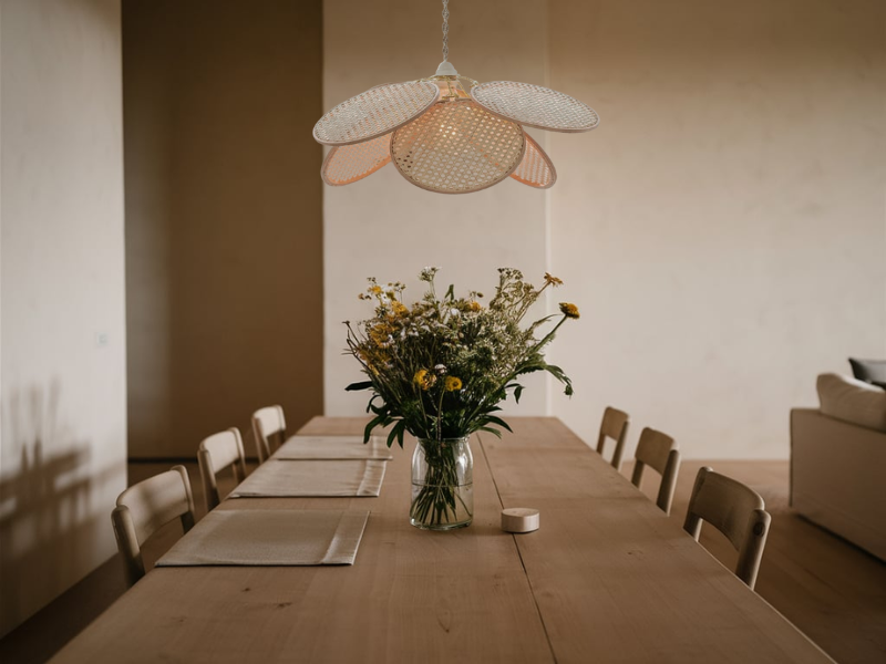 A dining room with a stylish pendant light, layered with sconces, set at the right height, featuring mixed materials, a dimming option, and a statement design for a warm, balanced ambiance.