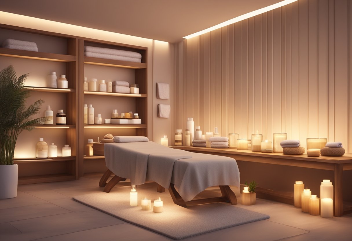 A serene spa room with soft lighting, a comfortable facial bed, and shelves of skincare products. A calming atmosphere with soothing music and essential oil diffuser