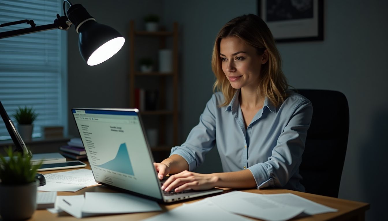 A woman at a cluttered desk, focused on improving website rankings.