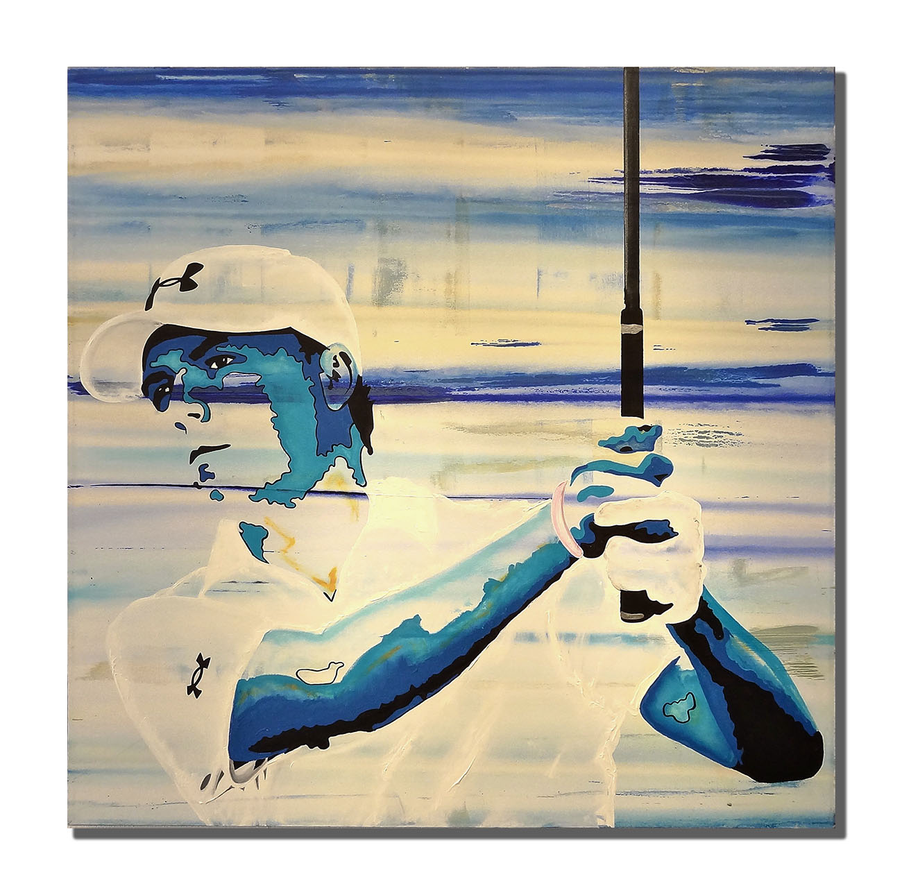 Golf icon Jordan Spieth captured by Erik Skoldberg in an large wall abstract pop art realism style, painted in bold coastal blues and cream gradients. The background uses Skoldberg’s signature layered horizon stroke technique with soft blends of light and ocean tones. This modern sports portrait is designed as large wall art for collectors and developers, priced at Skoldberg’s investment tier museum quality art.