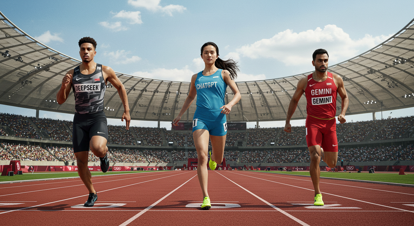 An image of three runners in an olympic settings, each one running for one of the LLM model.