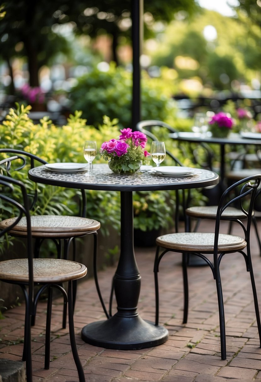 Several bistro tables are arranged in a charming outdoor setting, surrounded by lush greenery and colorful flowers, creating a welcoming and cozy atmosphere